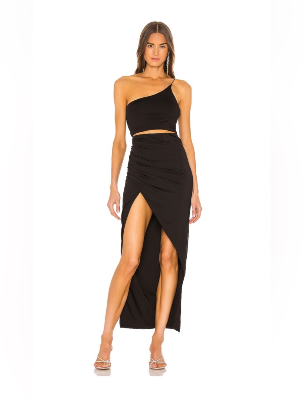 superdown Lydia Black One-Shoulder Crop Top and High-Slit Maxi Set